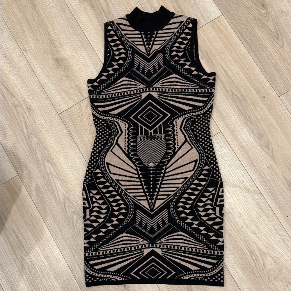 Say What? Black and Tan Geometric Mini Dress